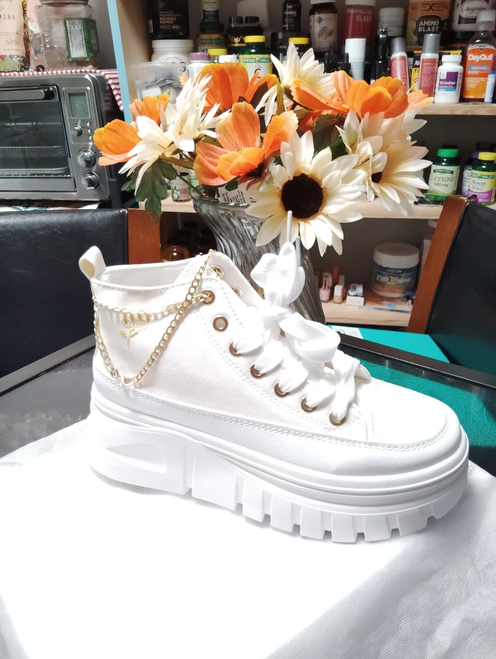 Platform High-Top Sneakers in Cream with Gold Chain Accent - Picture 5 of 8